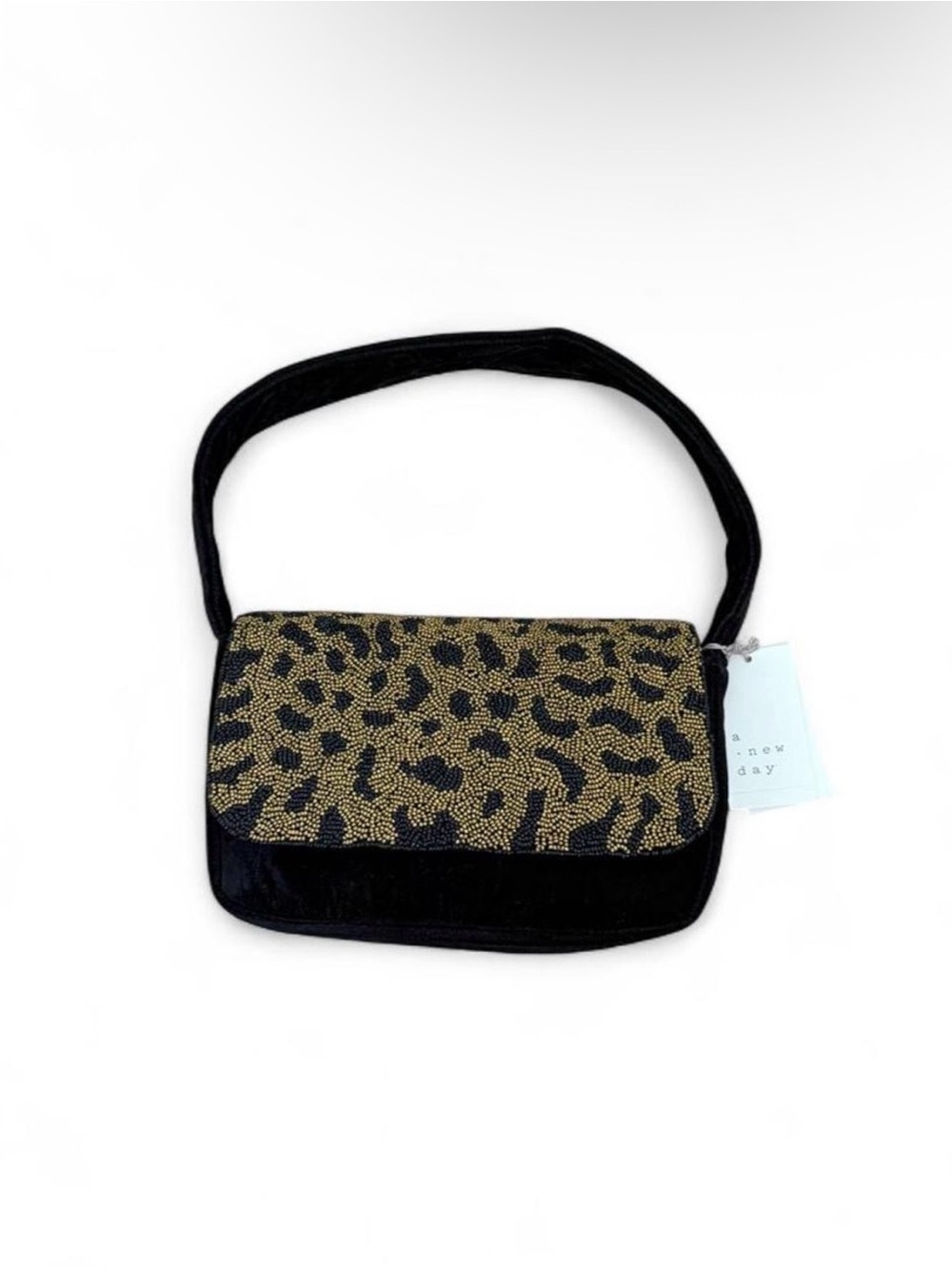 a new day Black Shoulder Bag with Gold Leopard Beaded Flap